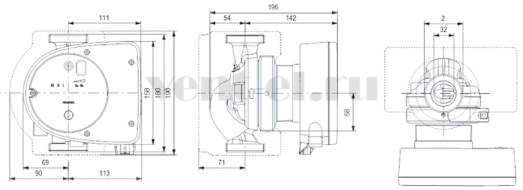 Габаритные размеры циркуляционного насоса Grundfos MAGNA1 32-40 180