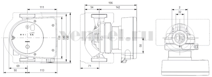 Габаритные размеры циркуляционного насоса Grundfos MAGNA1 32-60 180