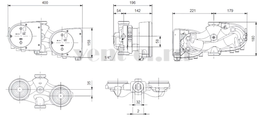 Габаритные размеры циркуляционного насоса Grundfos MAGNA1 D 32-100 180