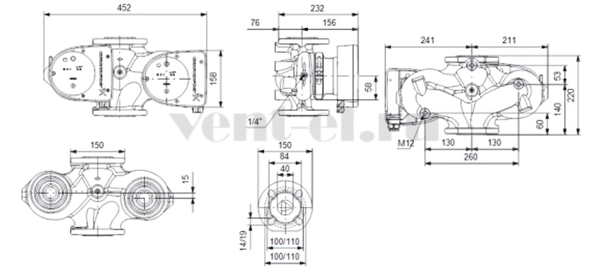 Габаритные размеры циркуляционного насоса Grundfos MAGNA1 D 40-40 F 220