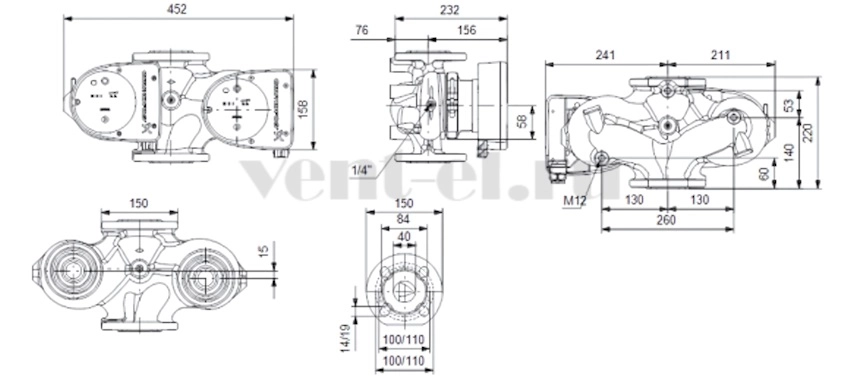 Габаритные размеры циркуляционного насоса Grundfos MAGNA1 D 40-80 F 220