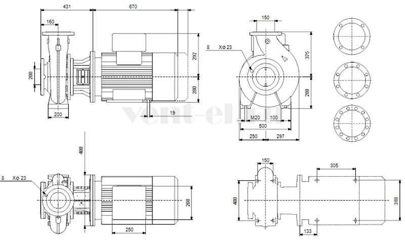 Габаритные размеры консольного насоса Grundfos NB 150-250/262 EUP AF1ABQQE