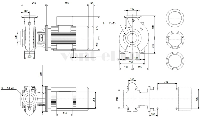 Габаритные размеры консольного насоса Grundfos NB 150-400/343 AF1ABQQE