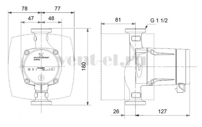 Габаритные размеры циркуляционного насоса Grundfos ALPHA2 L 25-60 180