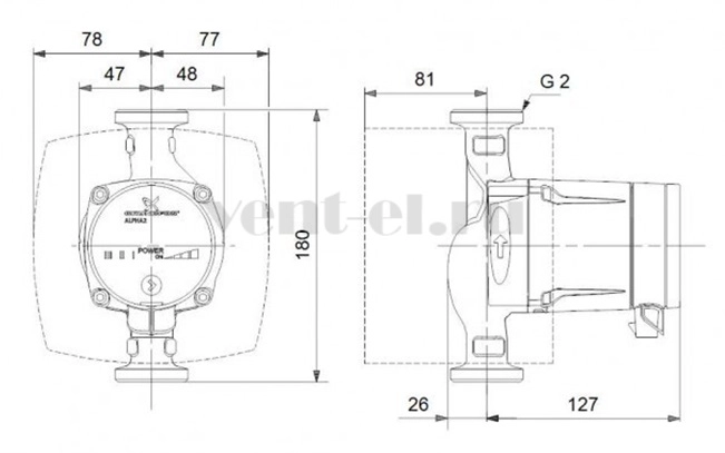 Габаритные размеры циркуляционного насоса Grundfos ALPHA2 L 32-40 180