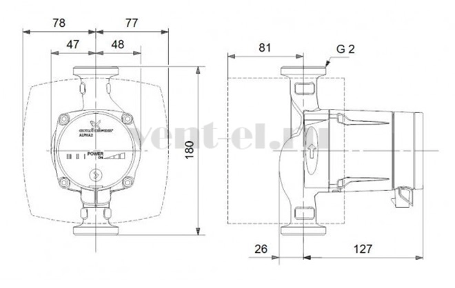 Габаритные размеры циркуляционного насоса Grundfos ALPHA2 L 32-60 180