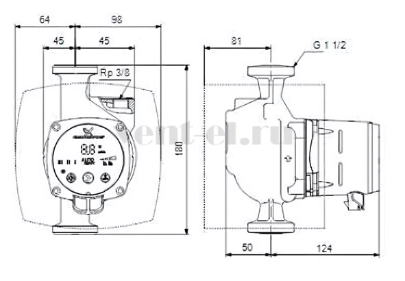 Габаритные размеры циркуляционного насоса Grundfos ALPHA3 25-40 A 180 с воздухоотводчиком