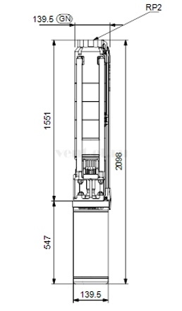 Габаритные размеры скважинного насоса Grundfos SP 9-25 MS6000