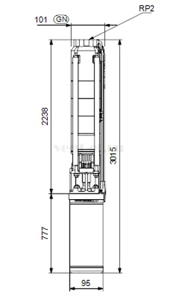Габаритные размеры скважинного насоса Grundfos SP 9-40 MS6000