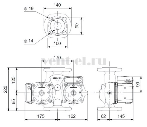 Габаритные размеры циркуляционного насоса Grundfos UPSD 32-100 F 220