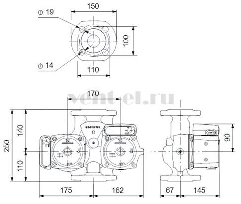 Габаритные размеры циркуляционного насоса Grundfos UPSD 40-100 F 250