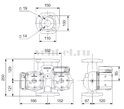 Габаритные размеры циркуляционного насоса Grundfos UPSD 40-50 F 250