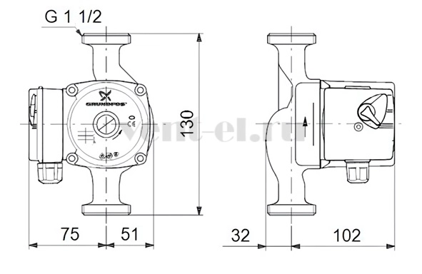 Габаритные размеры циркуляционного насоса Grundfos UPS 15-20 130