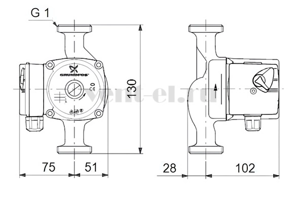 Габаритные размеры циркуляционного насоса Grundfos UPS 15-30 130