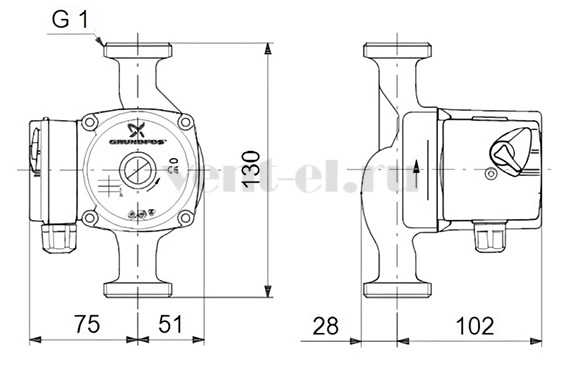 Габаритные размеры циркуляционного насоса Grundfos UPS 15-40 130