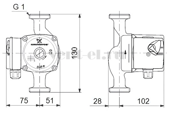 Габаритные размеры циркуляционного насоса Grundfos UPS 15-60 130