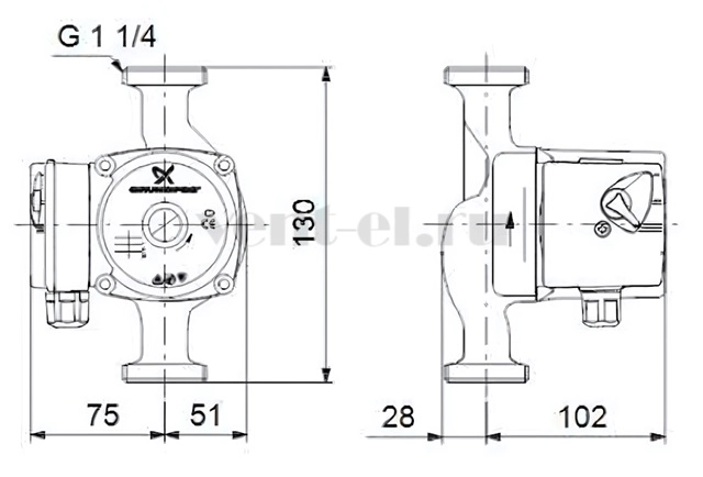 Габаритные размеры циркуляционного насоса Grundfos UPS 20-40 130