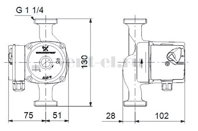 Габаритные размеры циркуляционного насоса Grundfos UPS 20-60 130