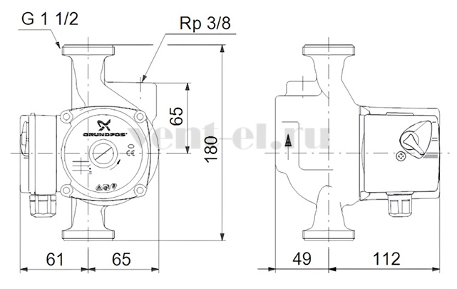 Габаритные размеры циркуляционного насоса Grundfos UPS 25-30 A 180