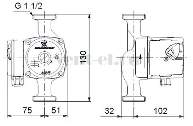 Габаритные размеры циркуляционного насоса Grundfos UPS 25-40 130