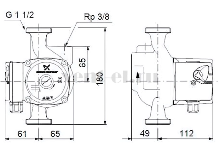 Габаритные размеры циркуляционного насоса Grundfos UPS 25-40 A 180