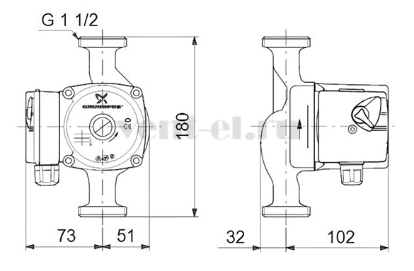 Габаритные размеры циркуляционного насоса Grundfos UPS 25-50 180 3х400