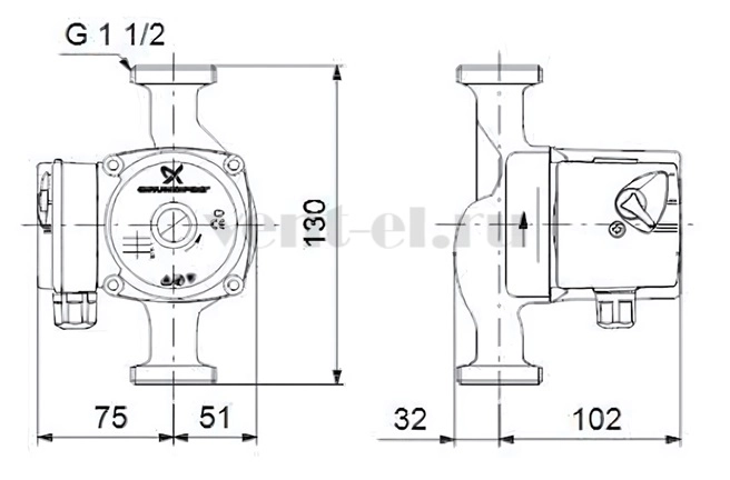 Габаритные размеры циркуляционного насоса Grundfos UPS 25-60 130