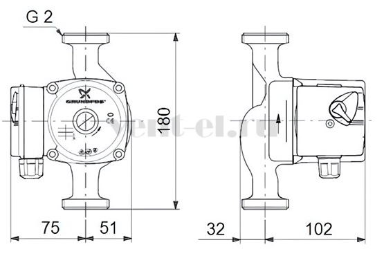 Габаритные размеры циркуляционного насоса Grundfos UPS 32-60 180 с гайками