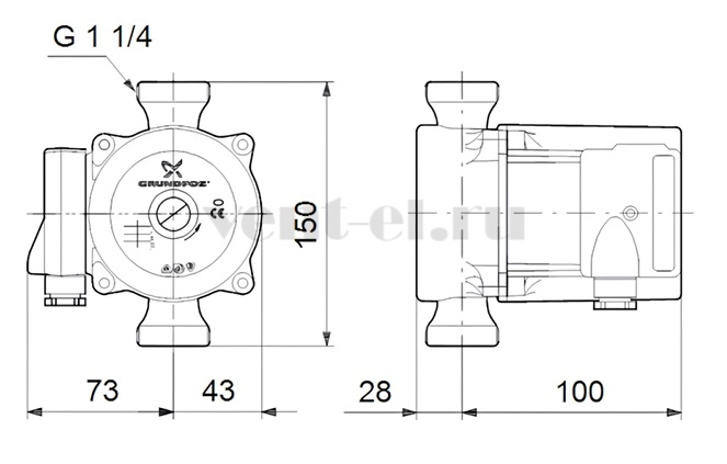 Габаритные размеры циркуляционного насоса Grundfos UP 20-15 N 150 3x400V