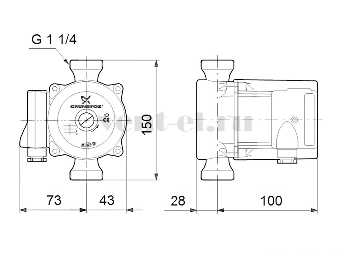Габаритные размеры циркуляционного насоса Grundfos UP 20-30 N 150 3x400V
