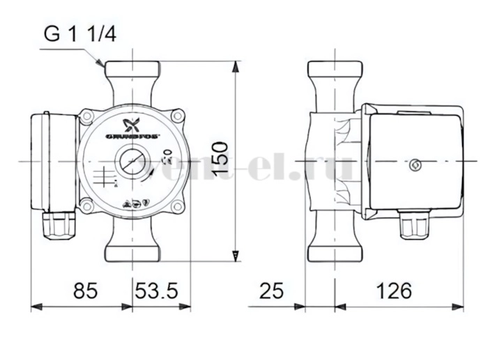 Габаритные размеры циркуляционного насоса Grundfos UP 20-45 N-150