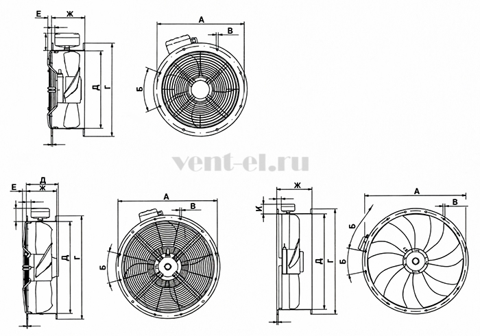 Габариты осевого вентилятора Korf FE050-VDF.4I.V7