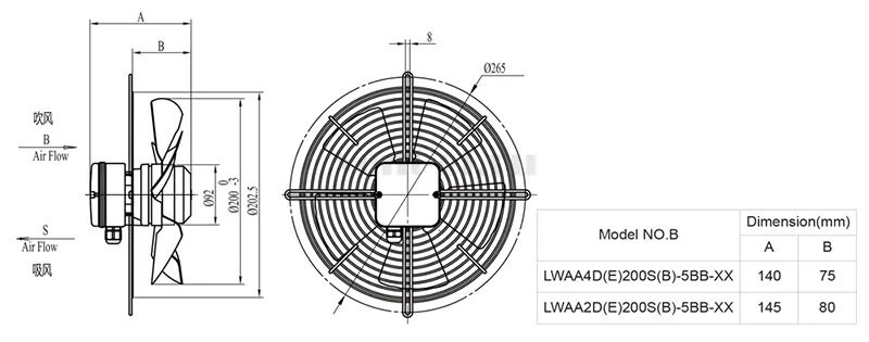 Габаритные размеры осевого вентилятора LONGWELL LWAA2E200S-5EB-10