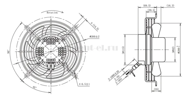 Габаритные размеры осевого вентилятора LONGWELL LWAE200-EC092-02