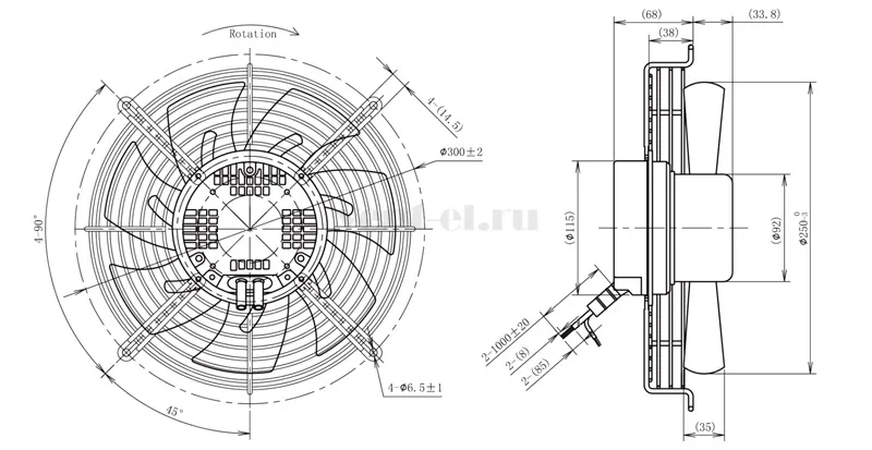 Габаритные размеры осевого вентилятора LONGWELL LWAE250-EC092-02
