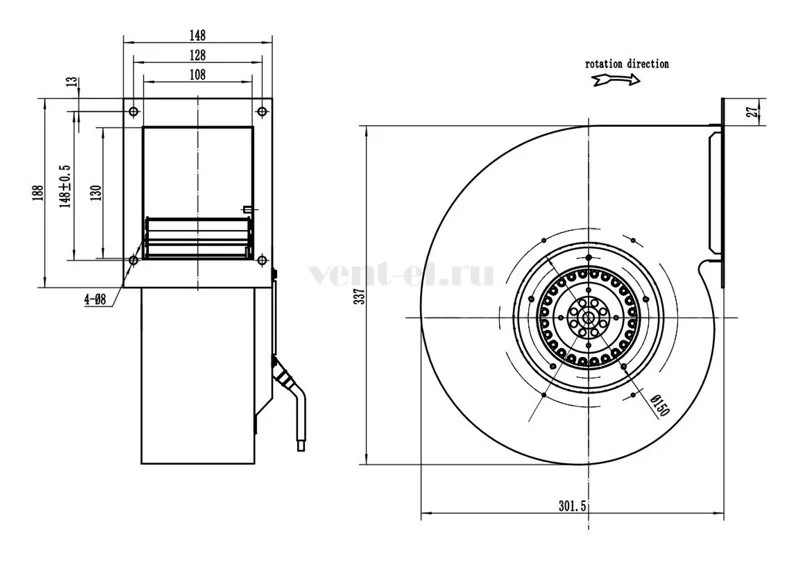 Габаритные размеры центробежного вентилятора LONGWELL  LWFA4E-200-102SS-01