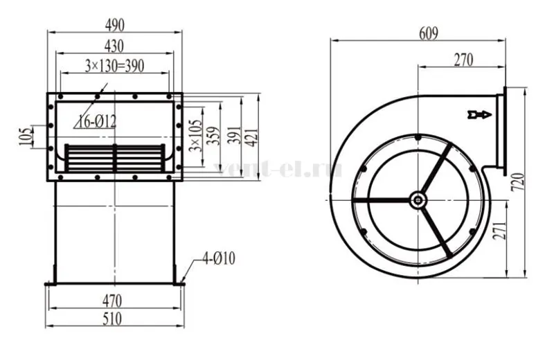 Габаритные размеры центробежного вентилятора LONGWELL  LWFA6D-355DS-01