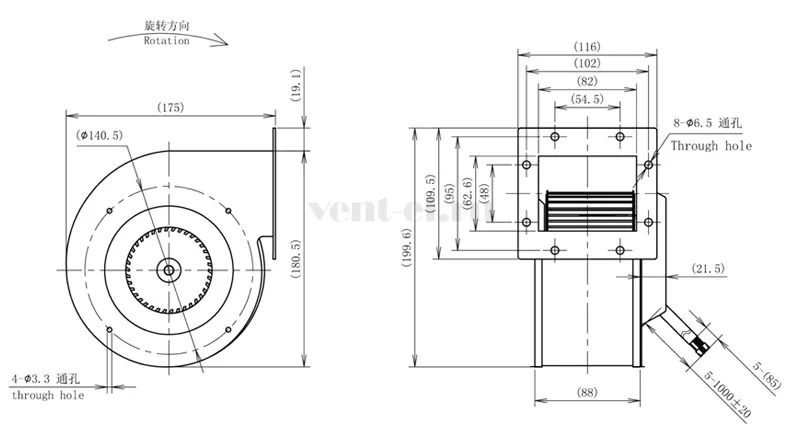 Габаритные размеры центробежного вентилятора LONGWELL  LWFD3G-133-072SZ-01 DC