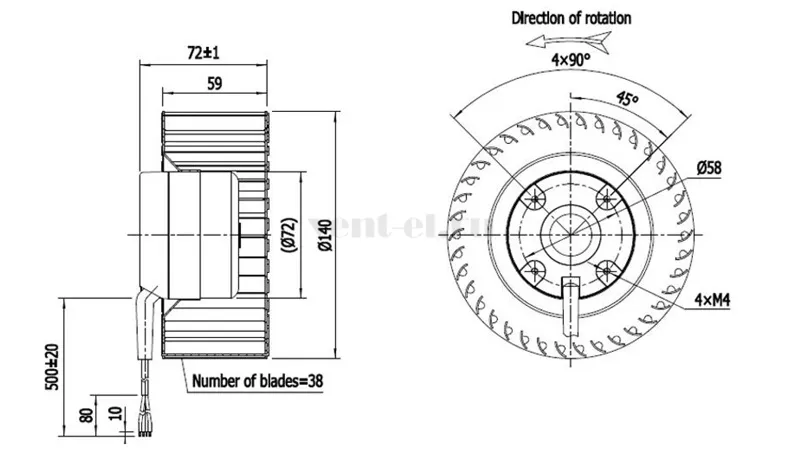 Габаритные размеры центробежного вентилятора LONGWELL  LWFD3G-140-072NH-01 DC
