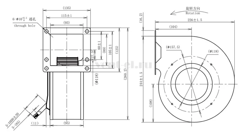 Габаритные размеры центробежного вентилятора LONGWELL  LWFD3G-140-072SZ-02 DC