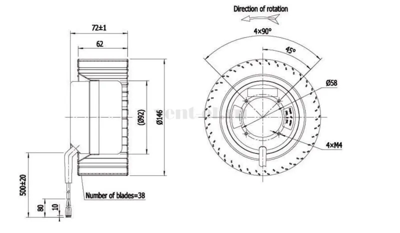 Габаритные размеры центробежного вентилятора LONGWELL  LWFD3G-146-072NH-01 DC