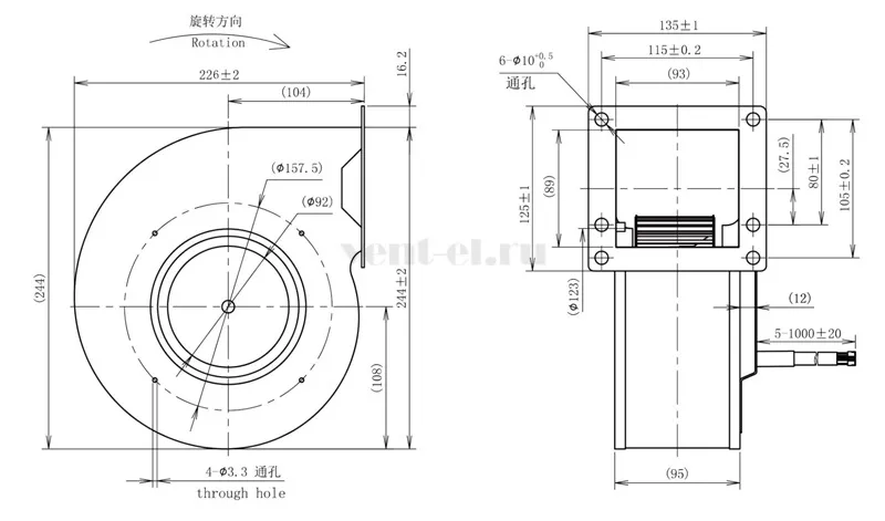 Габаритные размеры центробежного вентилятора LONGWELL  LWFD3G-150-092SZ-01 DC