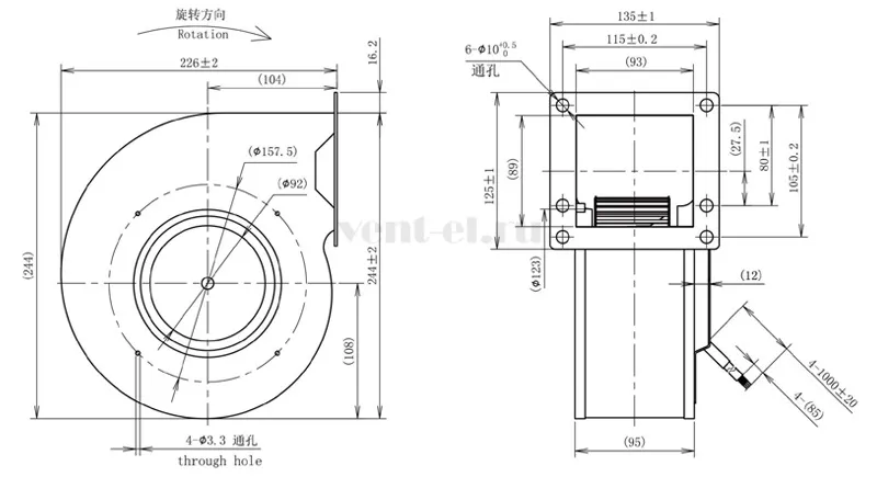 Габаритные размеры центробежного вентилятора LONGWELL  LWFD3G-150-092SH-01 DC