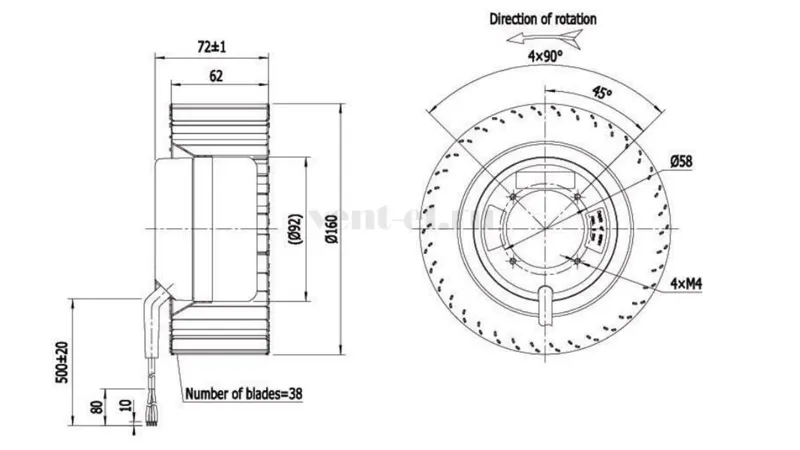 Габаритные размеры центробежного вентилятора LONGWELL  LWFD3G-160-072NM-01 DC
