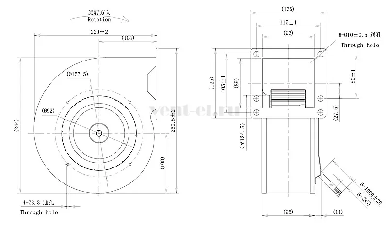 Габаритные размеры центробежного вентилятора LONGWELL  LWFD3G-160-092SZ-02 DC