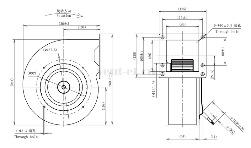 Габаритные размеры центробежного вентилятора LONGWELL  LWFD3G-160-092SM-02 DC