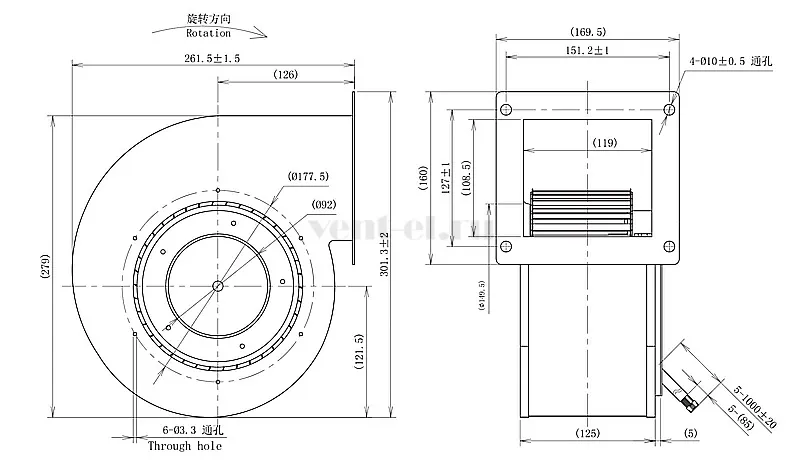Габаритные размеры центробежного вентилятора LONGWELL  LWFD3G-180-092SZ-01 DC