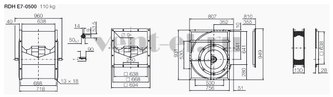 Габаритные размеры вентилятора RDH E7 500