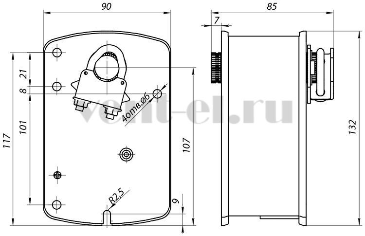 Размеры электропривода TS03-24S BVM