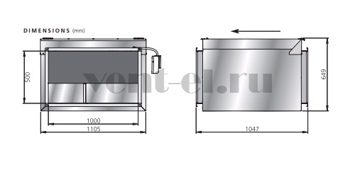 Канальный вентилятор Ostberg RKBI 1000x500 L3 шумоизолированный габаритные размеры
